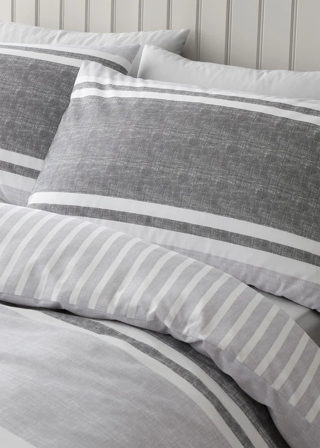 Catherine Lansfield Textured Banded Stripe Reversible Duvet Cover Set Charcoal Grey