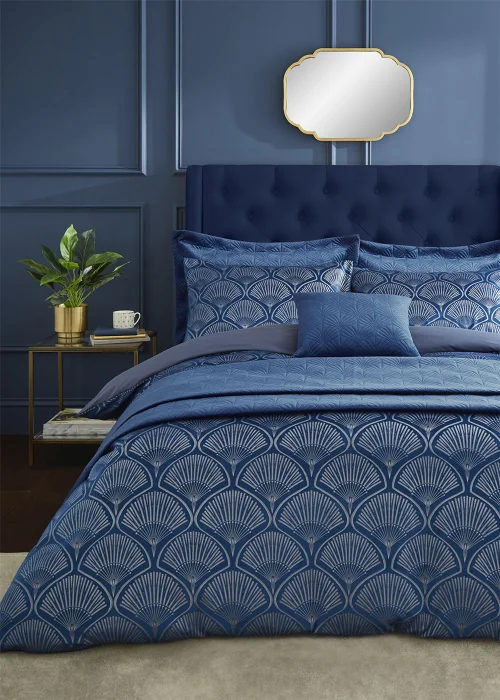 Catherine Lansfield Art Deco Pearl Duvet Cover Set Navy Blue - Double Image 1