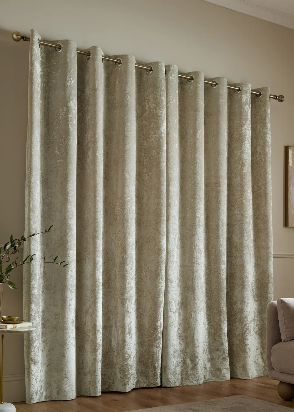 Catherine Lansfield Crushed Velvet Lined Eyelet Curtains Natural - 66W X 54D (168x137cm) Image 2