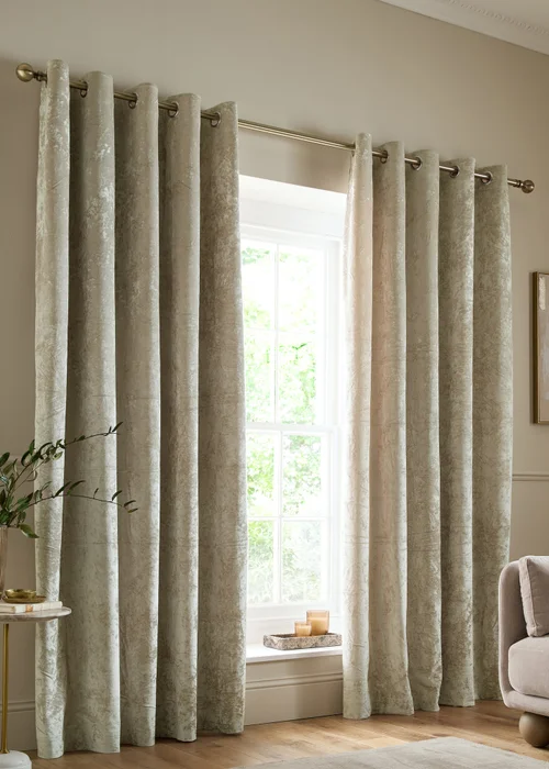 Catherine Lansfield Crushed Velvet Lined Eyelet Curtains Natural - 66W X 54D (168x137cm) Image 1