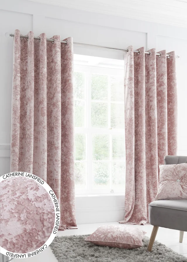 Catherine Lansfield Crushed Velvet Lined Eyelet Curtains Blush Pink