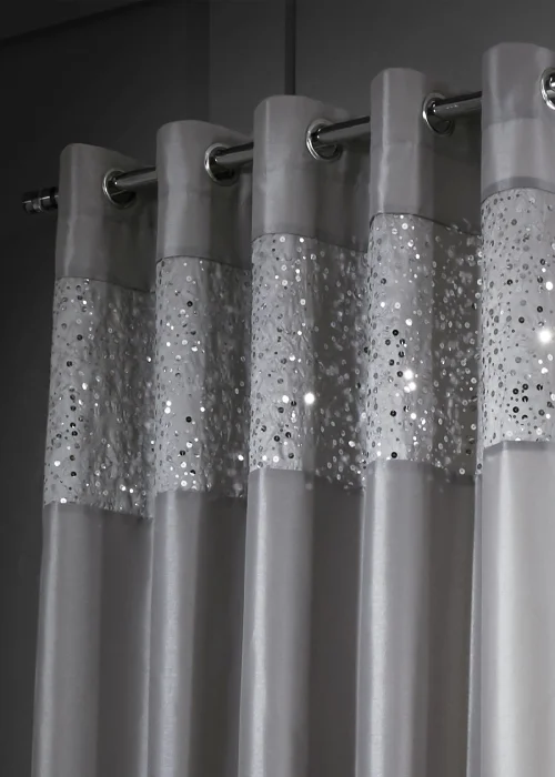 Catherine Lansfield Glitzy Sequin Lined Eyelet Curtains Grey - 66W X 54D (168x137cm) Image 2