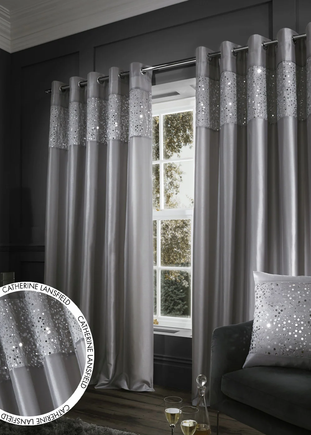 Catherine Lansfield Glitzy Sequin Lined Eyelet Curtains Grey - 66W X 54D (168x137cm) Image 1