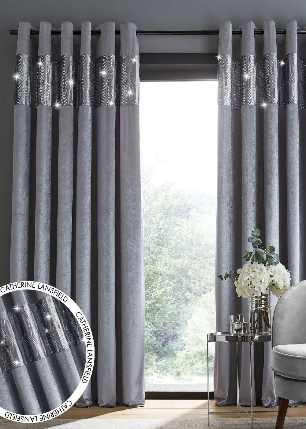 Catherine Lansfield Crushed Velvet Glamour Sequin Lined Eyelet Curtains Grey - 46W X 54D (116x137cm) Image 1