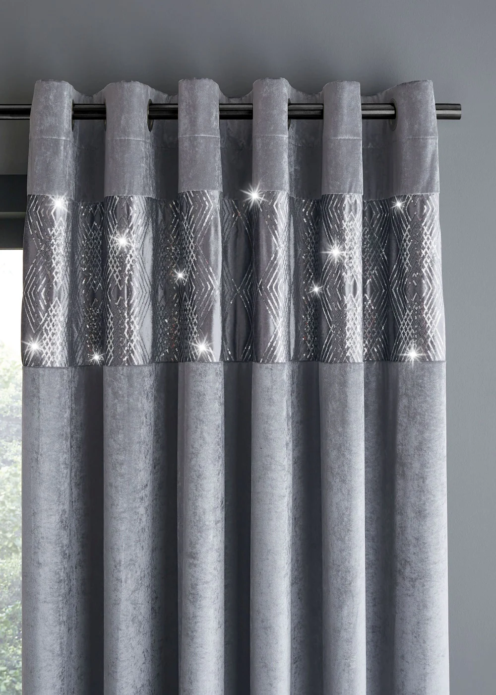 Catherine Lansfield Crushed Velvet Glamour Sequin Lined Eyelet Curtains Grey - 46W X 54D (116x137cm) Image 2