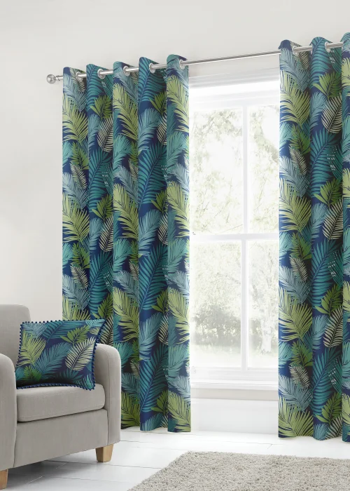 Fusion Tropical Curtains Blue Eyelet Curtains - 46W X 54D (116x137cm) Image 1