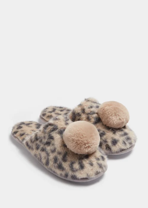 Beige Pom Pom Mule Slippers - Small Image 1