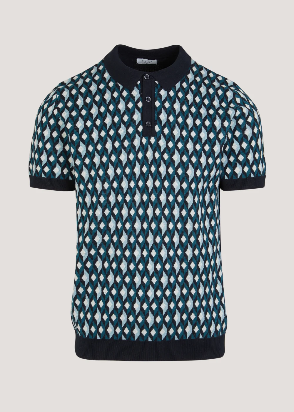 Navy Diamond Geo Knitted Polo Shirt - S Image 1