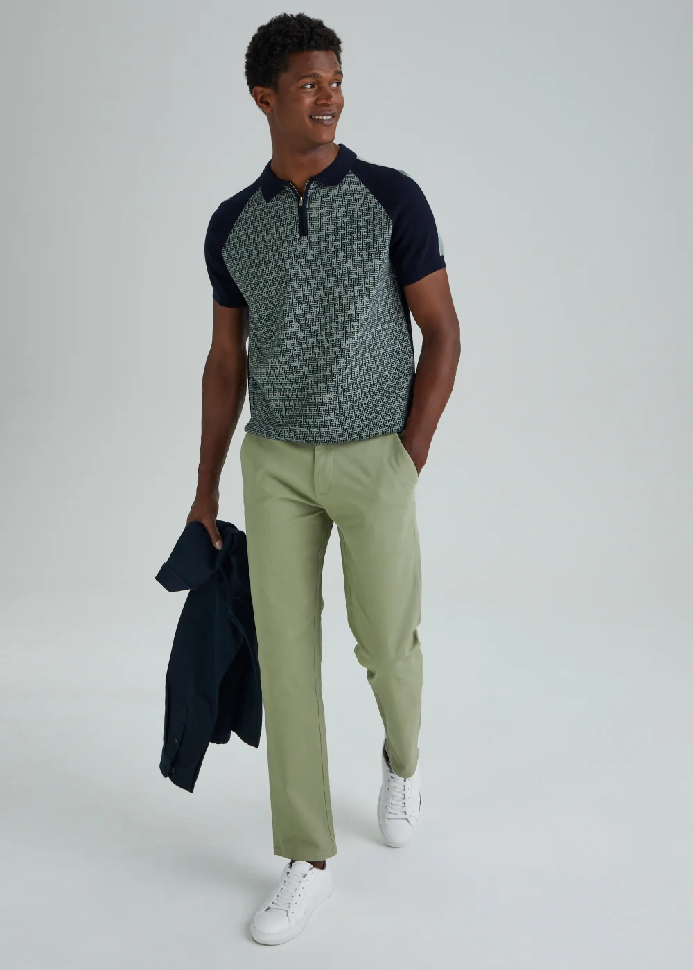Sage Geometric Print Zip Up Polo Shirt - S Image 4
