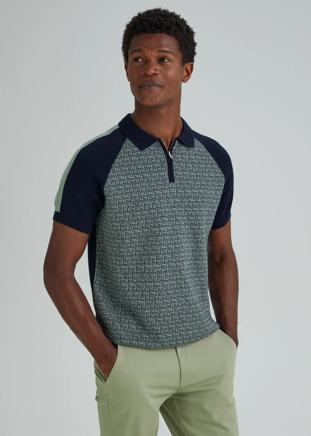 Sage Geometric Print Zip Up Polo Shirt - S Image 1