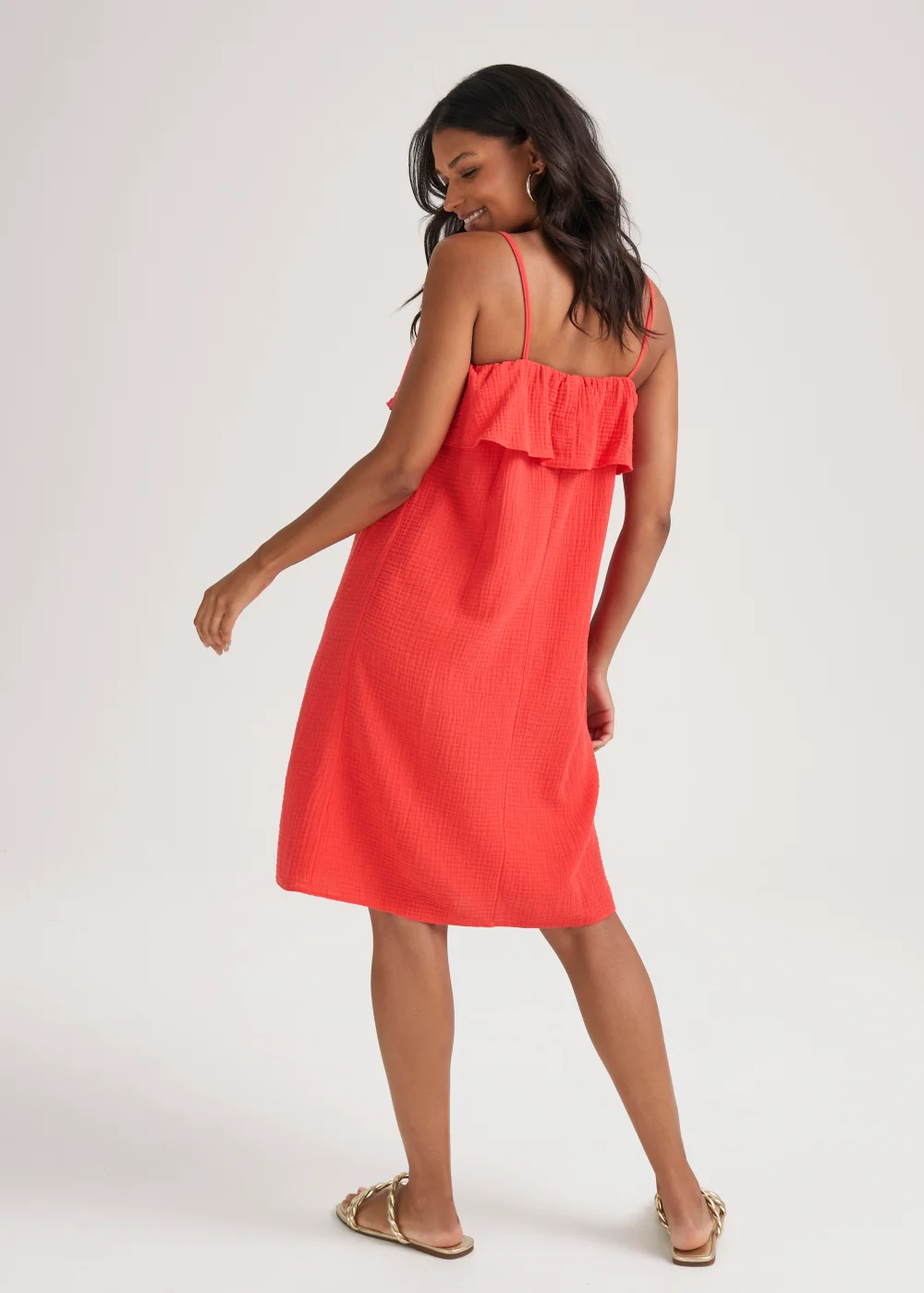 Coral Double Cloth Bead Knee Length Dress - 8 Image 2