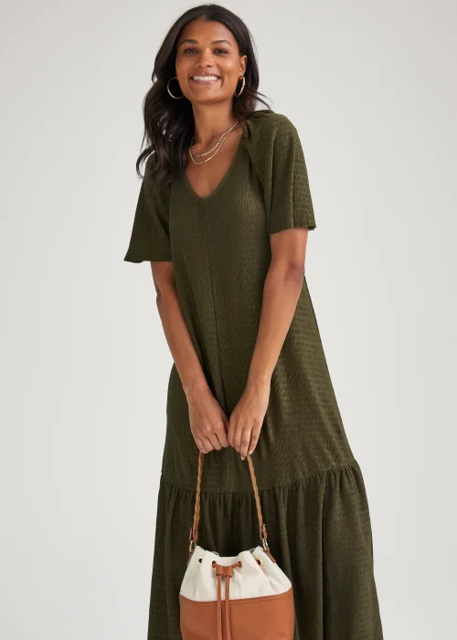 Khaki Crinkle Angel Sleeve Midi Dress - 8 Image 4