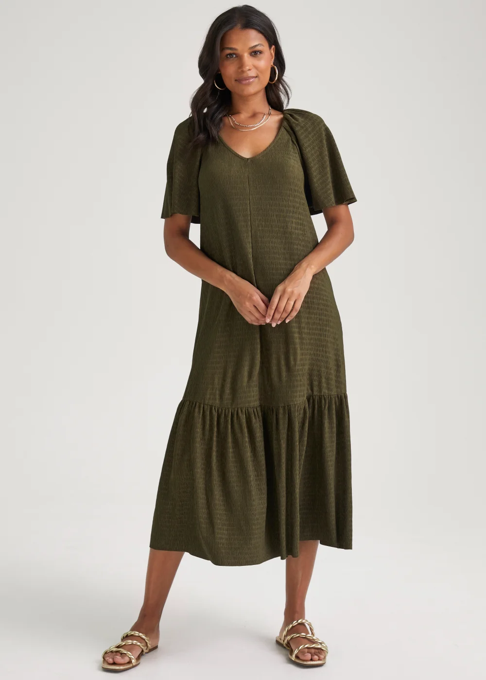 Khaki Crinkle Angel Sleeve Midi Dress - 8 Image 1