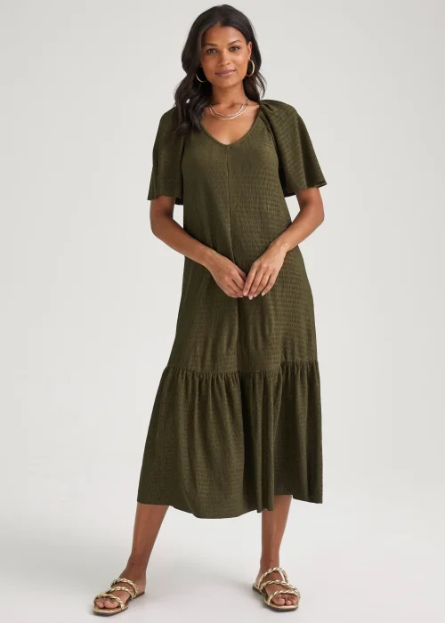 Khaki Crinkle Angel Sleeve Midi Dress - 8 Image 1