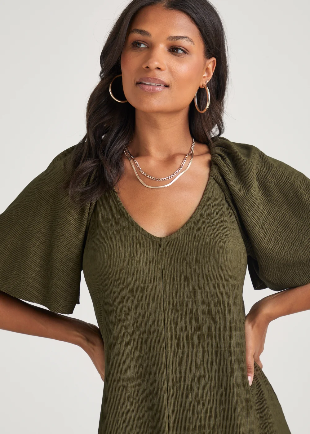 Khaki Crinkle Angel Sleeve Midi Dress - 8 Image 3