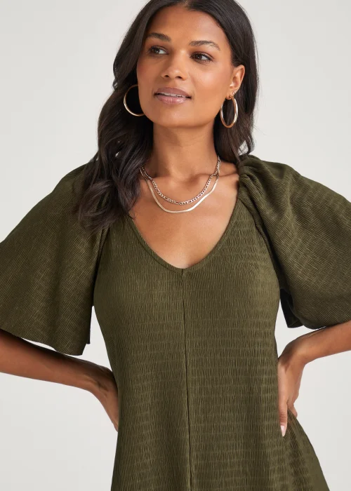 Khaki Crinkle Angel Sleeve Midi Dress - 8 Image 3