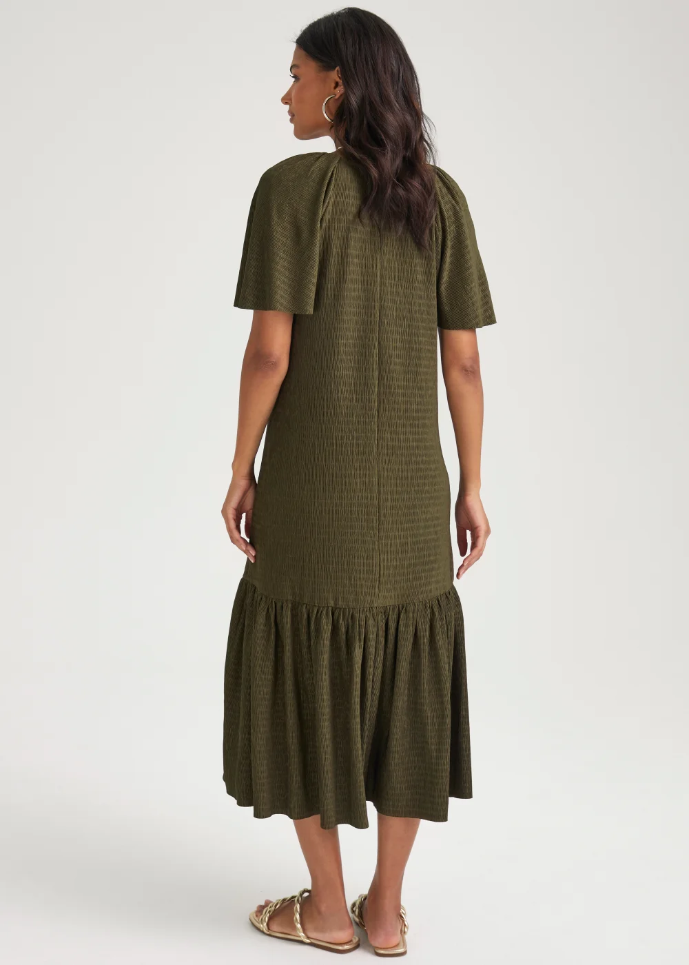 Khaki Crinkle Angel Sleeve Midi Dress - 8 Image 2