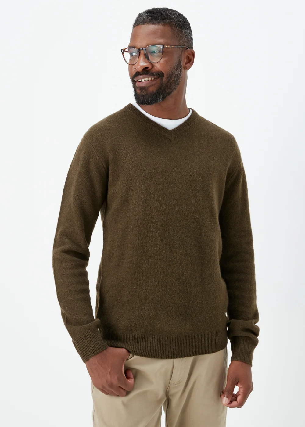 Lincoln Khaki 100% Lambswool V Neck Jumper - S Image 1