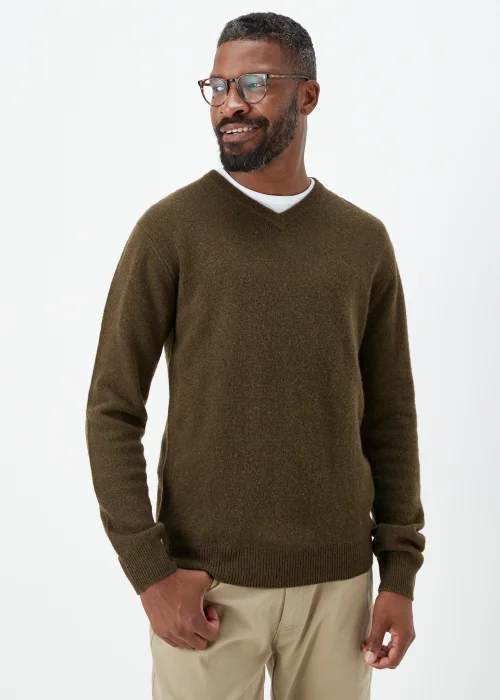 Lincoln Khaki 100% Lambswool V Neck Jumper - S Image 1
