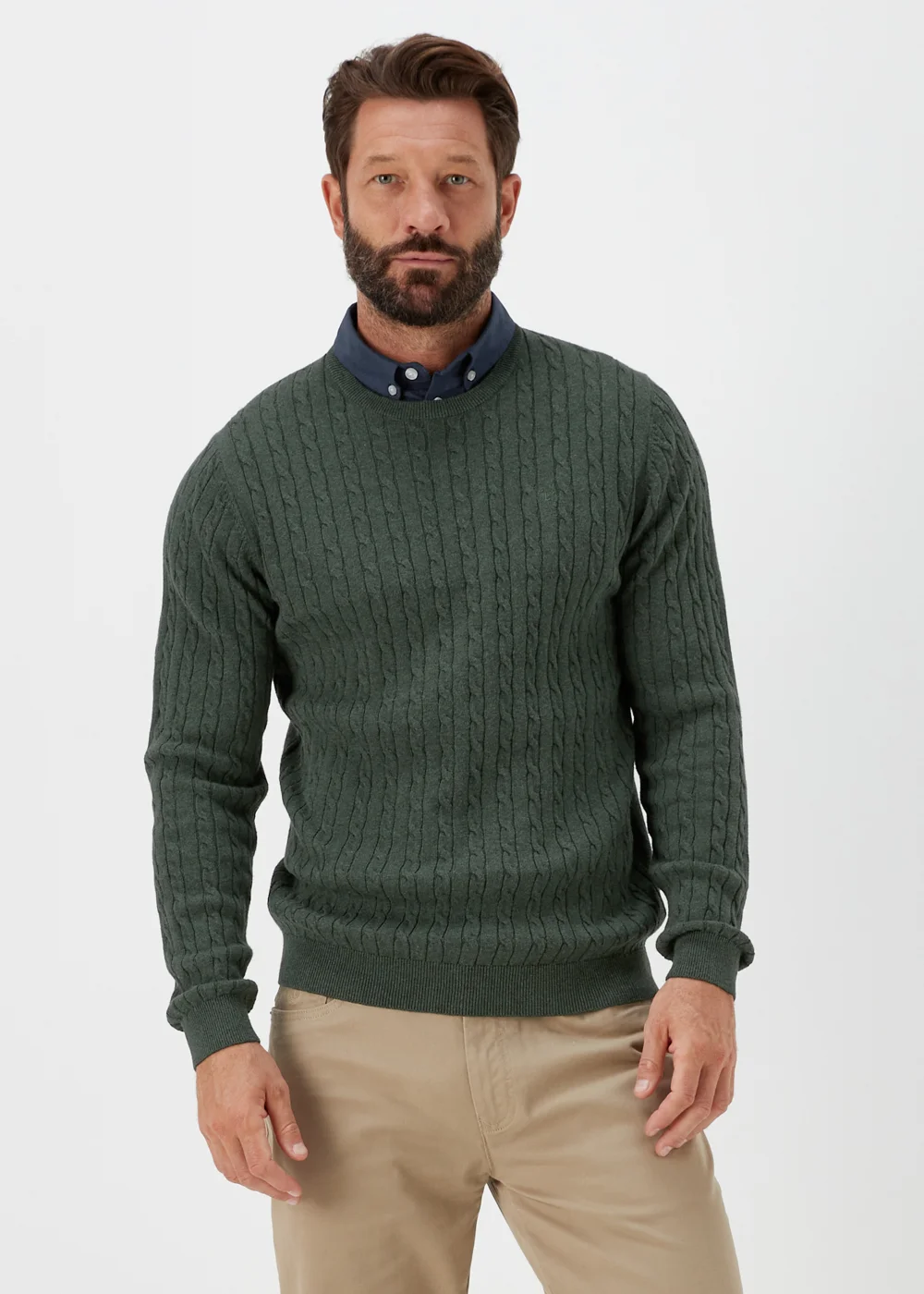 Lincoln Green Mock Shirt Cable Knit Jumper - S Image 1