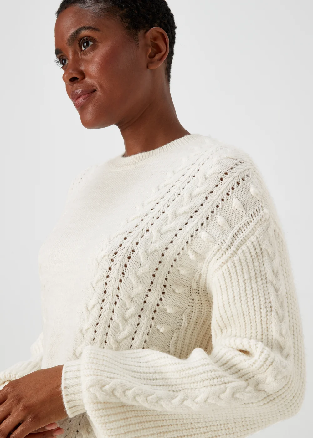 Cream Macaron Cable Knit Crew Neck Jumper - S Image 3