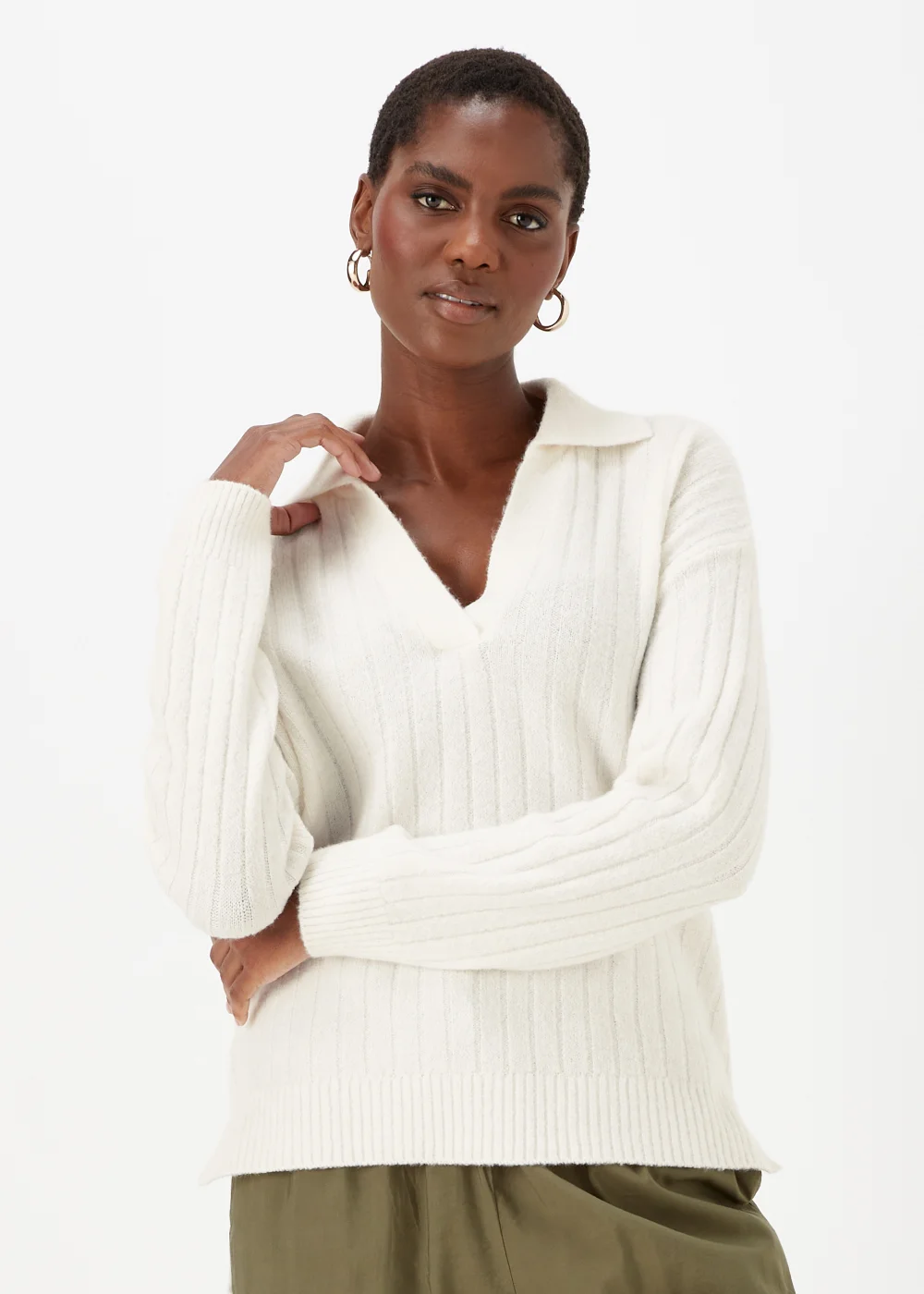 Cream Collar Ribbed Jumper - XS Image 1