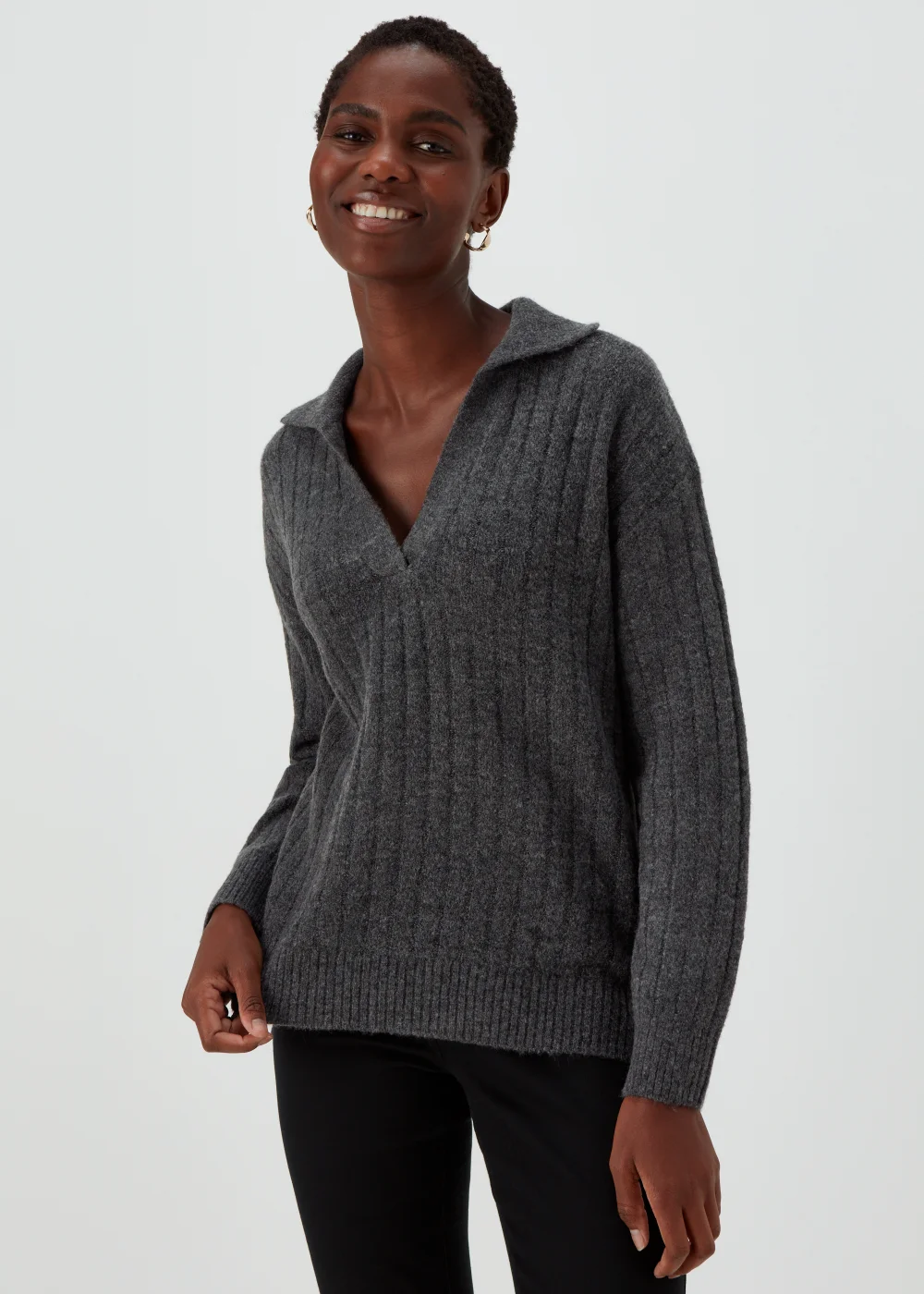 Charcoal Collar Ribbed Jumper - XS Image 1