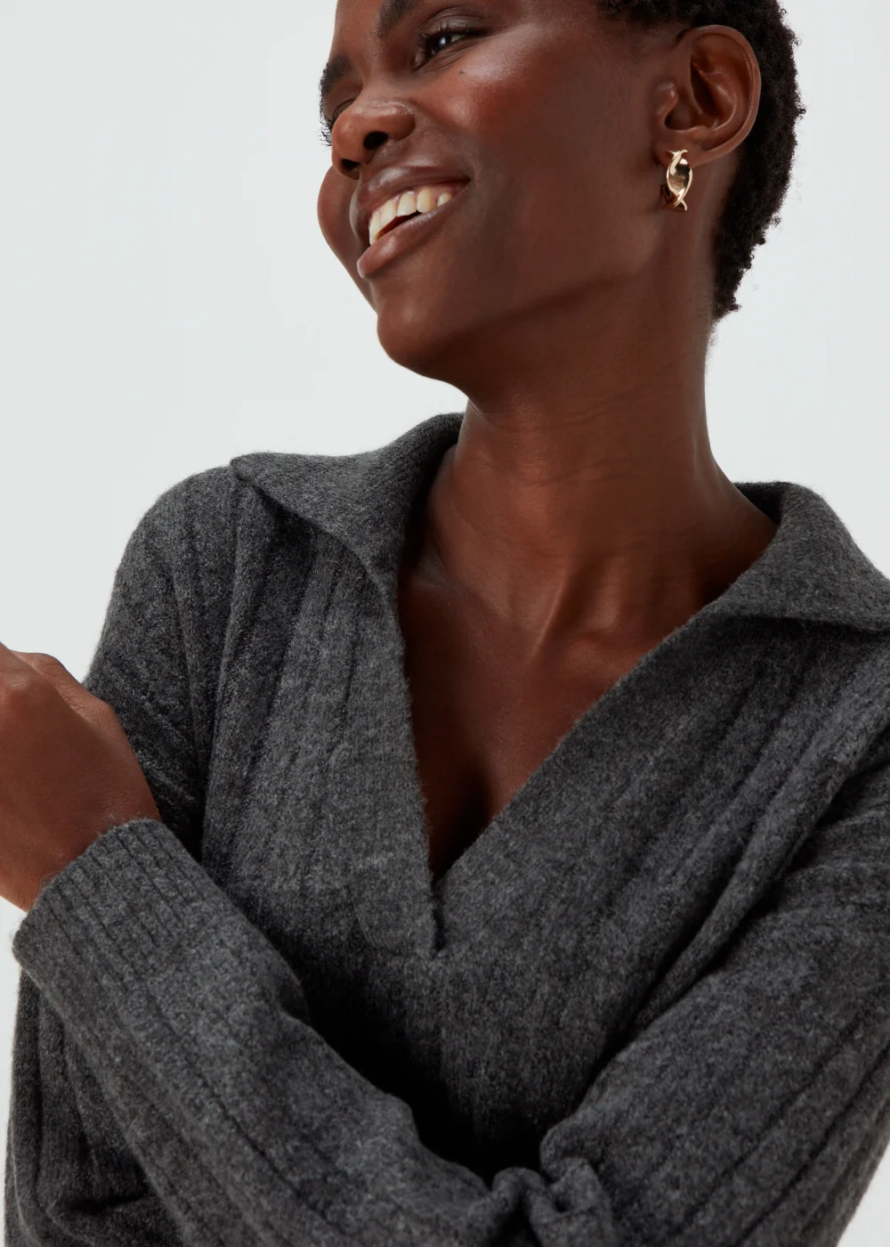 Charcoal Collar Ribbed Jumper - XS Image 3