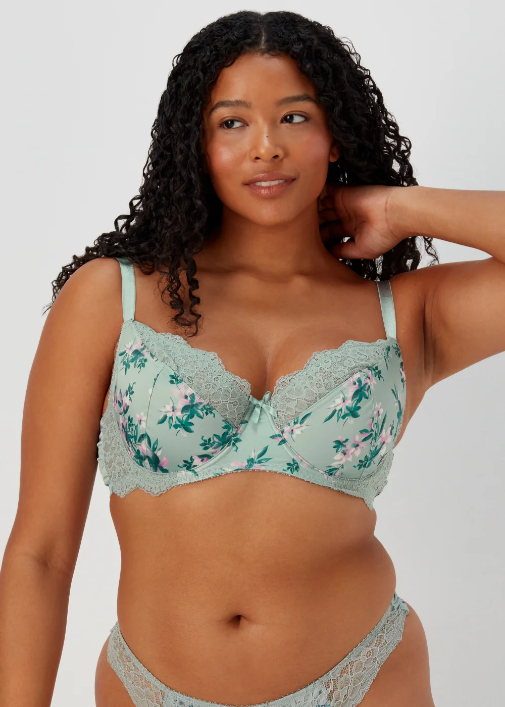 DD+ Green Satin Floral Print Bra - 34DD Image 1
