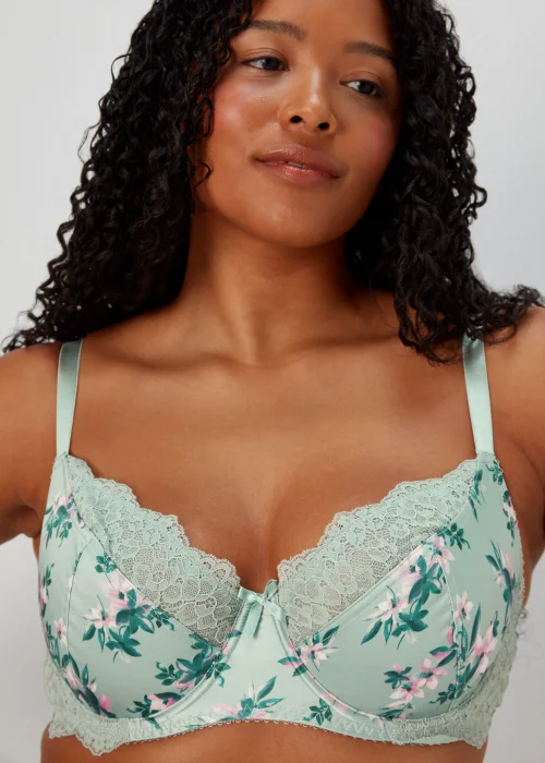 DD+ Green Satin Floral Print Bra - 34DD Image 3