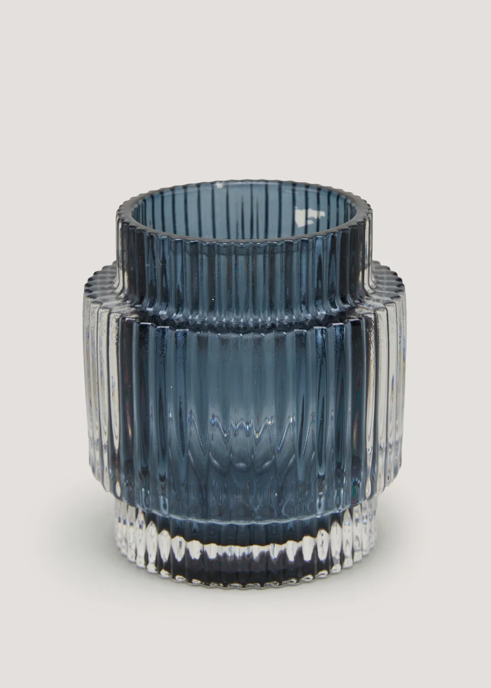 Blue Ribbed Glass Tealight Holder Image 1