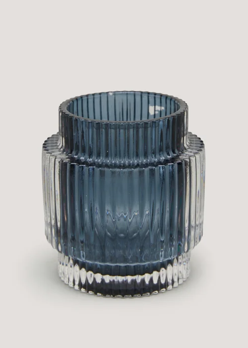 Blue Ribbed Glass Tealight Holder Image 1