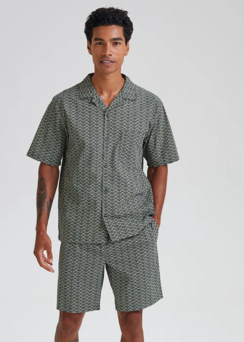 Navy & Green Print Woven Short Pyjama Set - Small Image 1