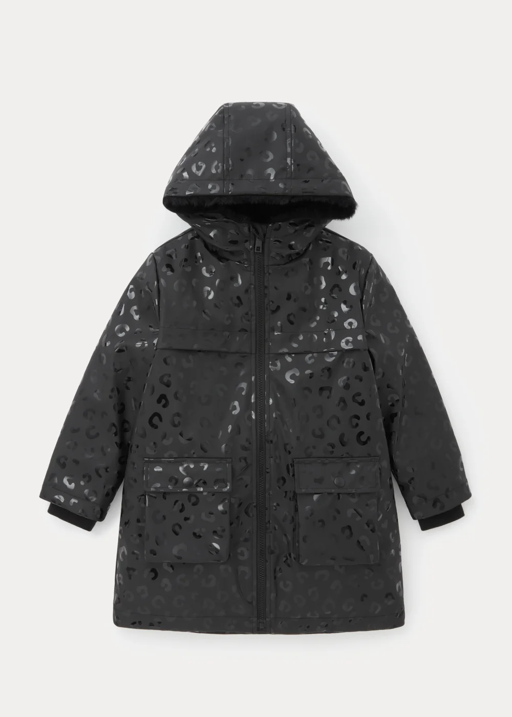 Girls Black Leopard Faux Fur Lined Mac Coat (4-13yrs) - 4 Yrs Image 1