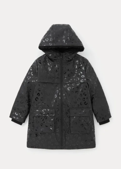 Girls Black Leopard Faux Fur Lined Mac Coat (4-13yrs) - 4 Yrs Image 1