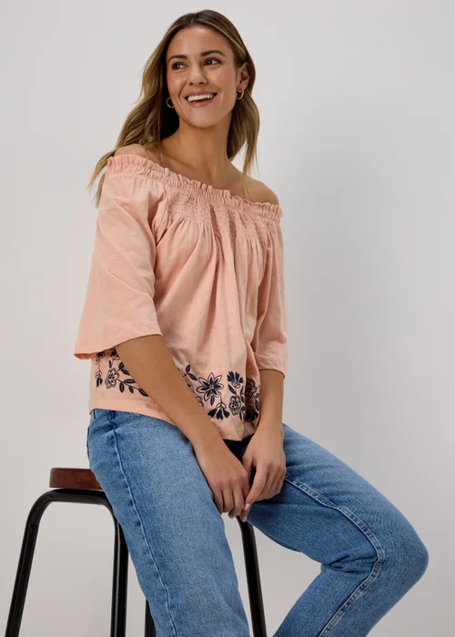 Pink Embroidered Bardot Top - Size 8 Image 1