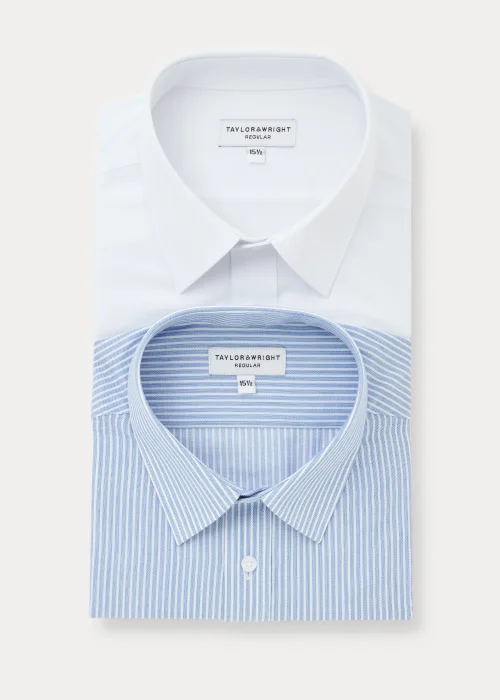 Taylor & Wright 2 Pack White & Blue Regular Fit Shirts - 15.5 Collar Image 5