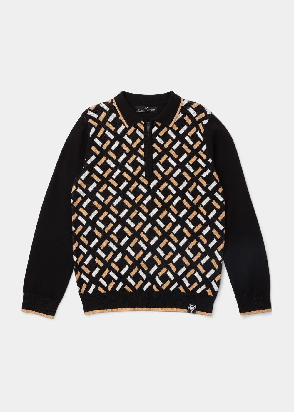Boys Black Geo Knitted Long Sleeve Polo Shirt (4-13yrs) - 7 Yrs Image 1