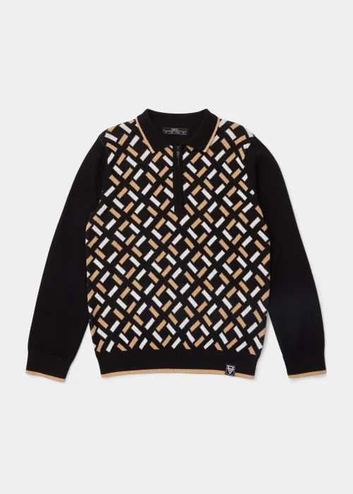 Boys Black Geo Knitted Long Sleeve Polo Shirt (4-13yrs) - 7 Yrs Image 1