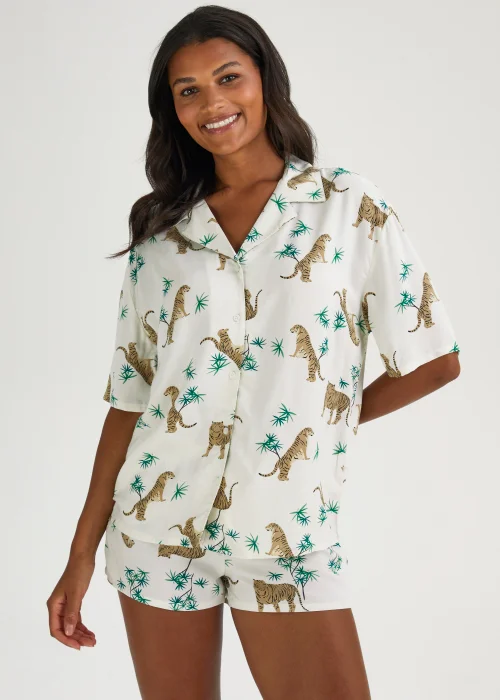 Cream Animal Print Short Traditional Pyjama Set - Size 8 Image 1