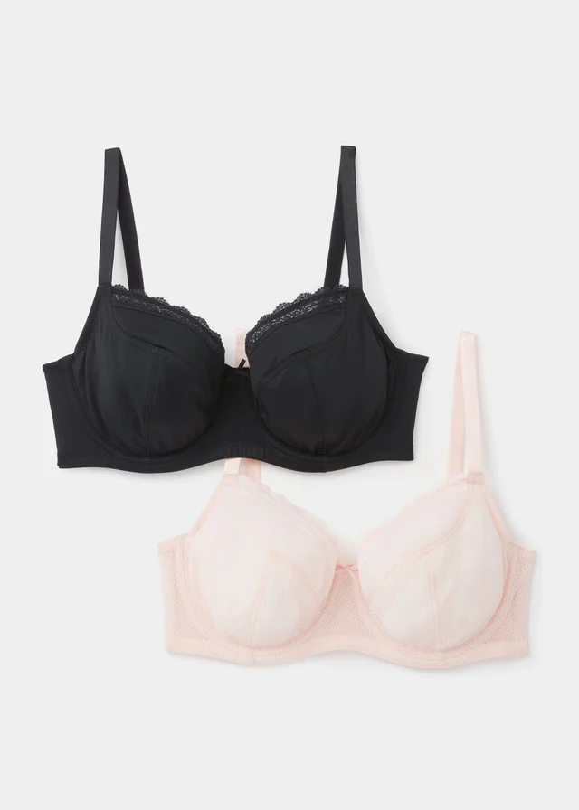 DD+ 2 Pack Black & Pink Textured Lace Non Padded Bras