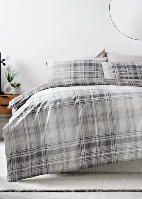 Grey Fine Check Duvet Set - Single Image 1