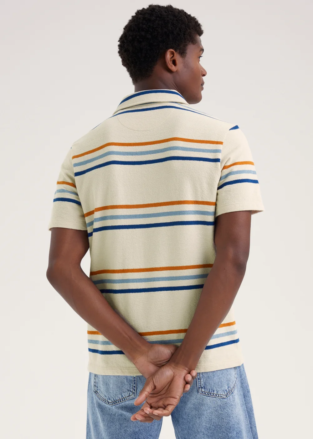 Ecru Stripe Print Textured Polo Shirt - Small Image 2