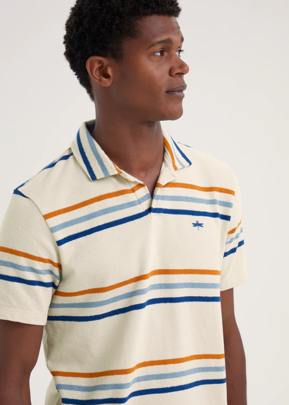 Ecru Stripe Print Textured Polo Shirt - Small Image 3
