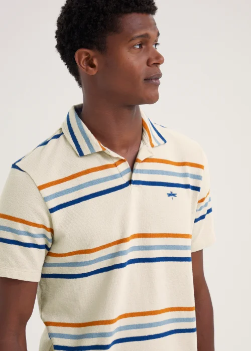 Ecru Stripe Print Textured Polo Shirt - Small Image 3
