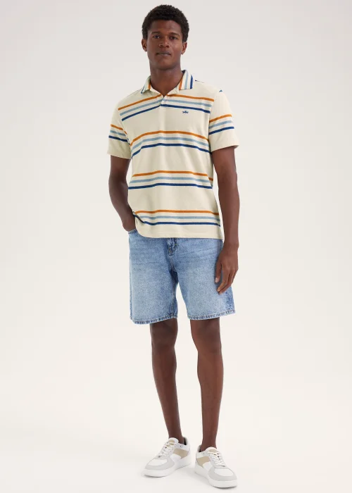 Ecru Stripe Print Textured Polo Shirt - Small Image 4