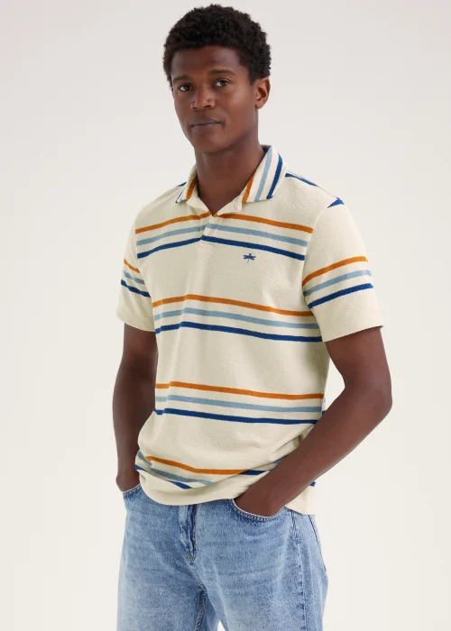 Ecru Stripe Print Textured Polo Shirt - Small Image 1