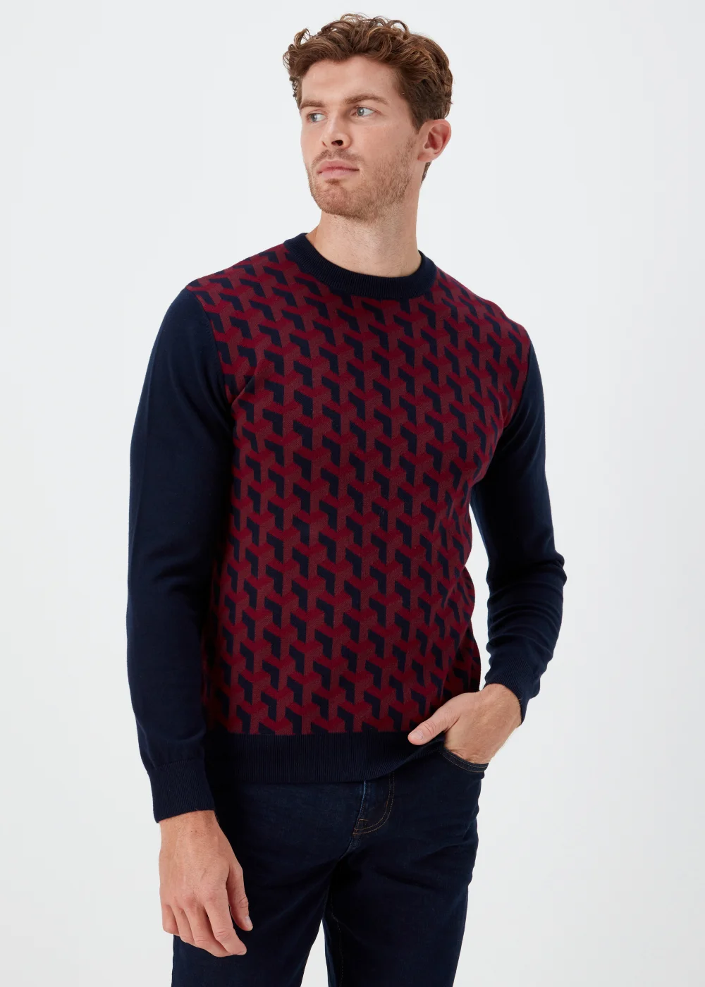 Burgundy Geo Print Crewneck Long Sleeve Jumper - Small Image 1
