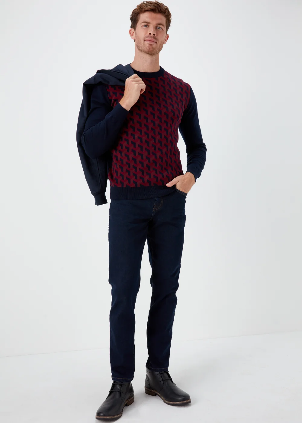 Burgundy Geo Print Crewneck Long Sleeve Jumper - Small Image 4