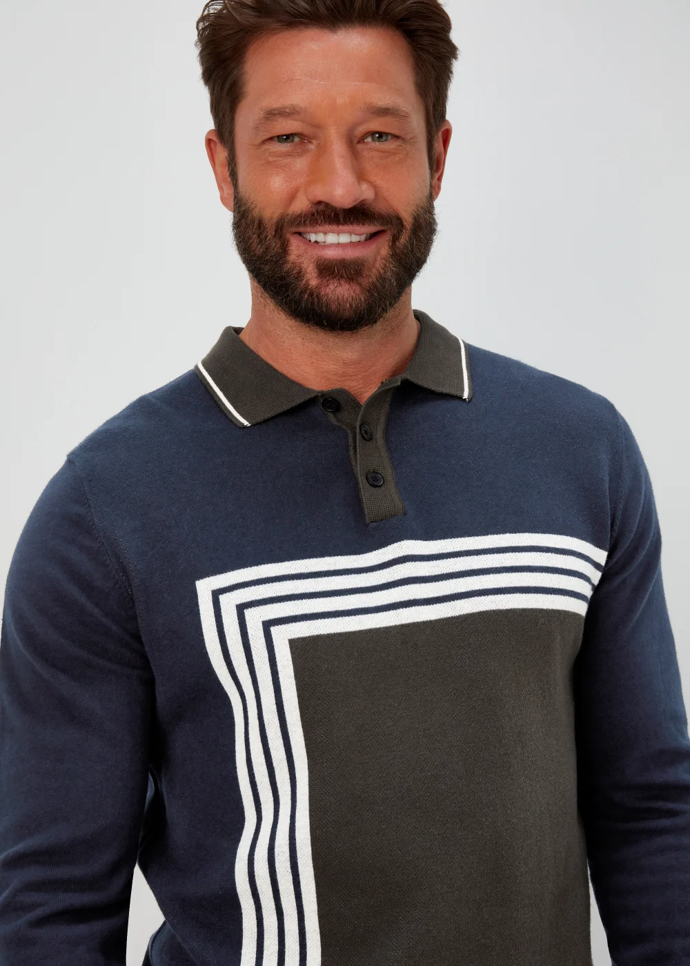 Khaki Block Print Long Sleeve Polo Shirt - S Image 3